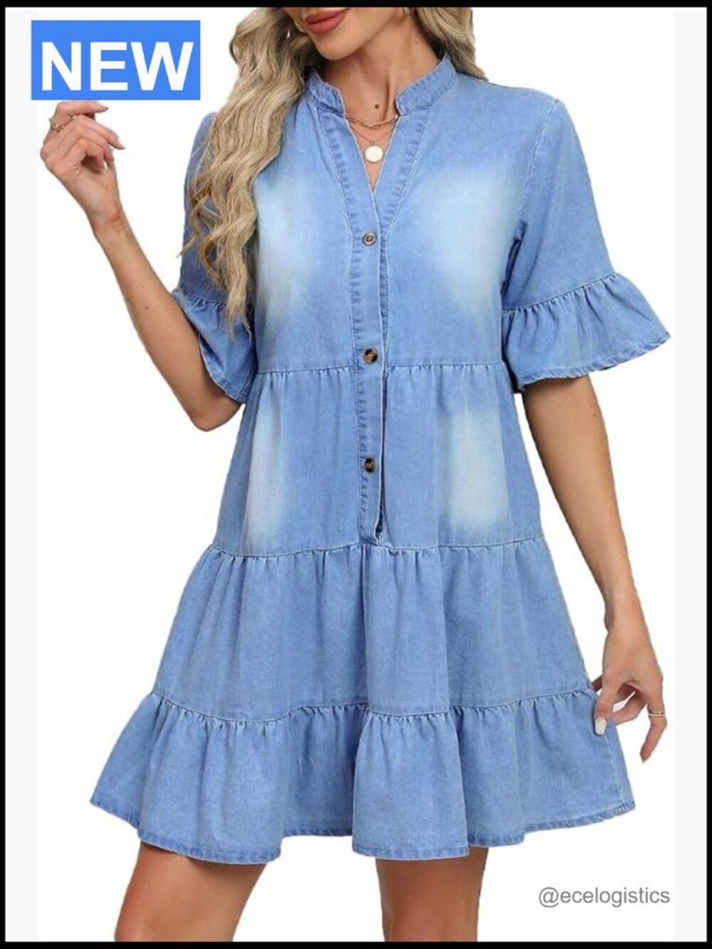 Denim Babydoll Dress V-Neck Ruffle Short Sleeve Mini